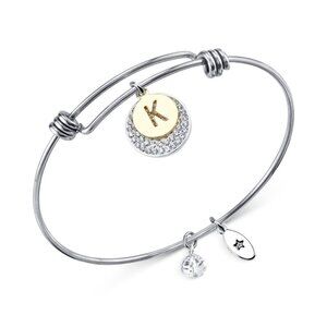 Unwritten Pave Initial K Disc Bangle Bracelet in Silver NWT